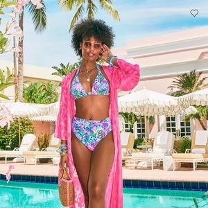 Lilly Pulitzer XS Motley Maxi Coverup Aura Pink Poly Crepe Swirl Clip NWT